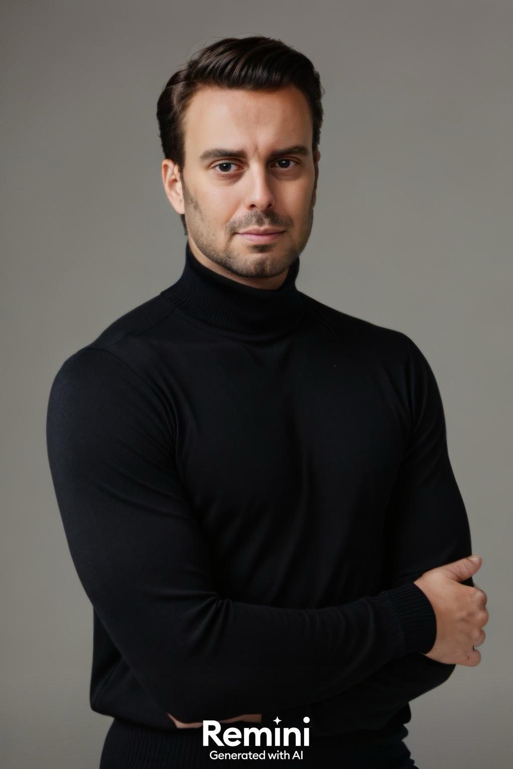 Man in black turtleneck sweater standing with arms crossed against a neutral background.