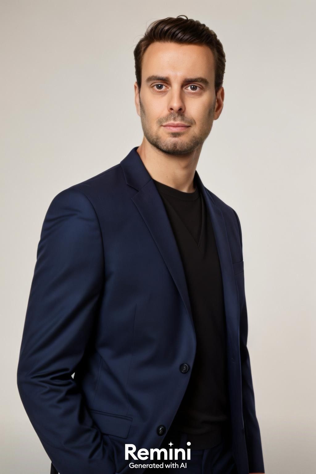 Man in a dark blue suit jacket and black shirt against a neutral background.